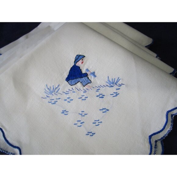 Vintage Embroidered Napkins Blue Shirt Boy Boat Scalloped Edges Four GUC - Picture 2 of 15